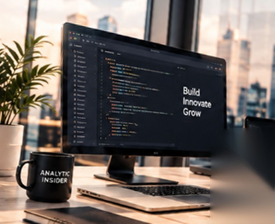 Developer workspace with code on screen and a city skyline behind